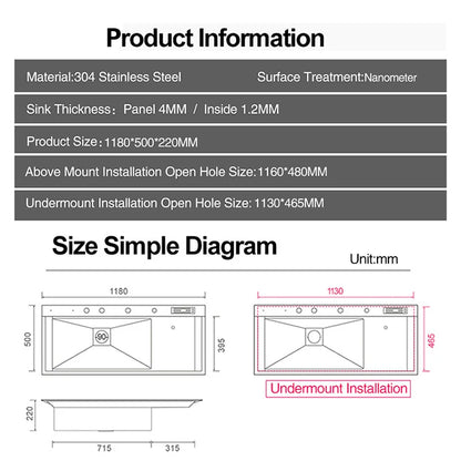 ASRAS New Nanometer Large Size Single Cup Rinser Kitchen Sink 4mm Thickness 220mm Depth With Drain Plate Knife Holder Sinks