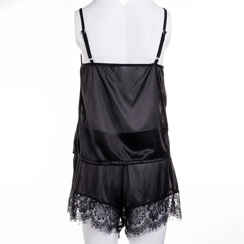 2 Stück sexy Pyjama Set Frauen sexy Spitze Patchwork Satin Seide Spaghetti träger Top heiße Shorts Pyjama Frauen Nachtwäsche Femme Pyjamas