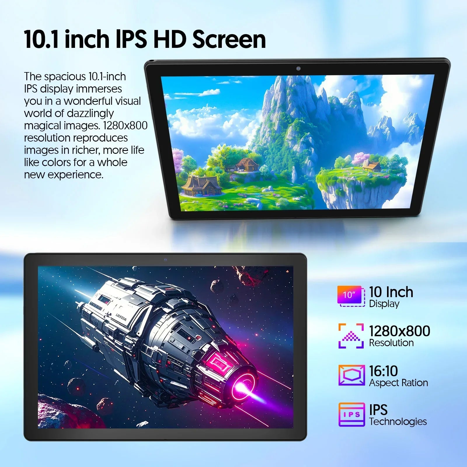 BAKEN 10-inch Android 15 tablet, quad-core processor, 12GB (3+9 expansion) RAM + 64GB storage, 5G WiFi, 1280*800 dual cameras.