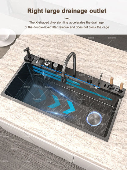 Küchenspüle aus Edelstahl mit Wasserfall, Einzelschüssel, Digitalanzeige, extra großer Schlitz, multifunktionale Waschbecken