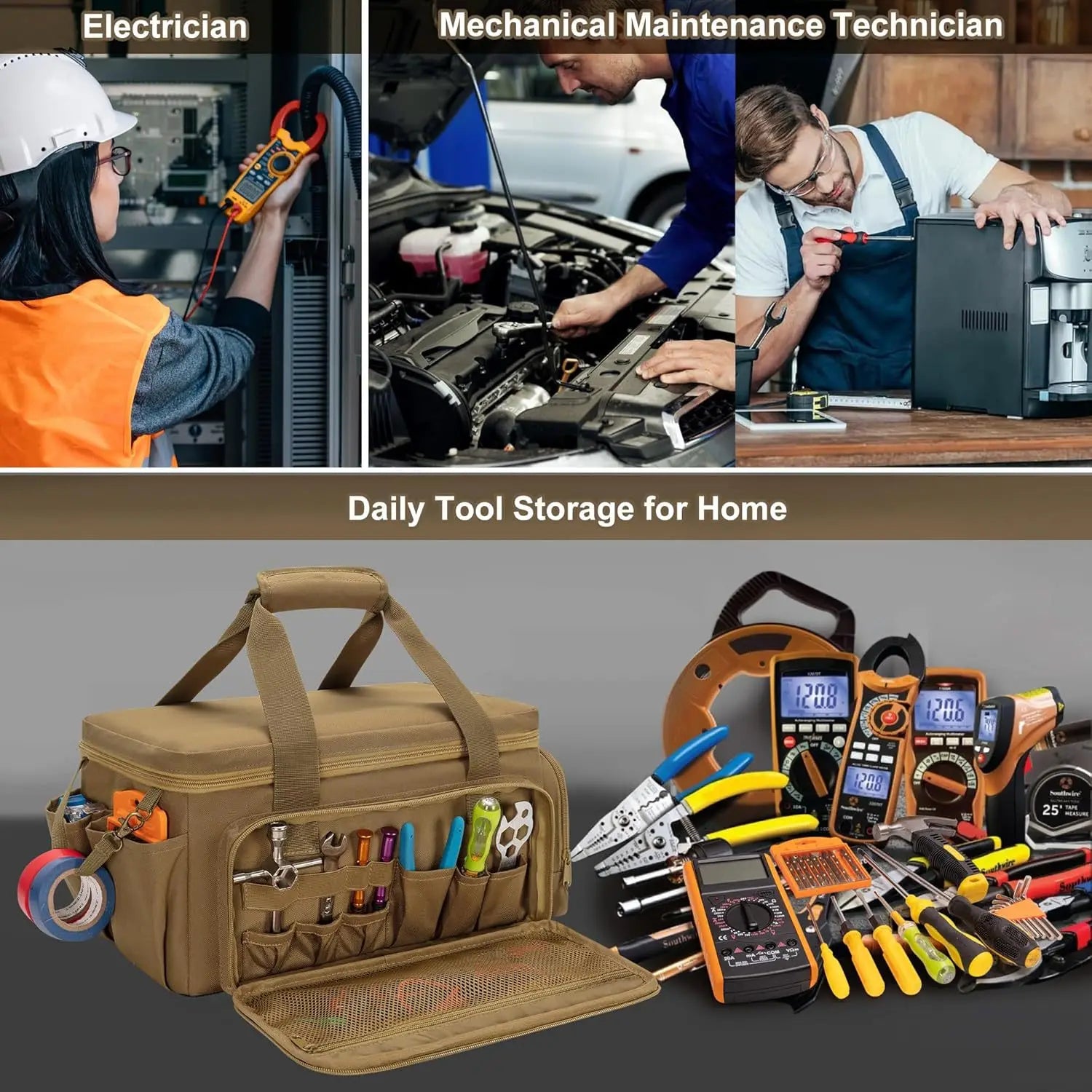 14-Zoll-Hochleistungs-Werkzeugtasche, Werkzeugaufbewahrungstasche, multifunktionale Arbeitshandtasche oder Mechaniker, Elektriker, Zimmermann, Bauarbeiter, Klempner.