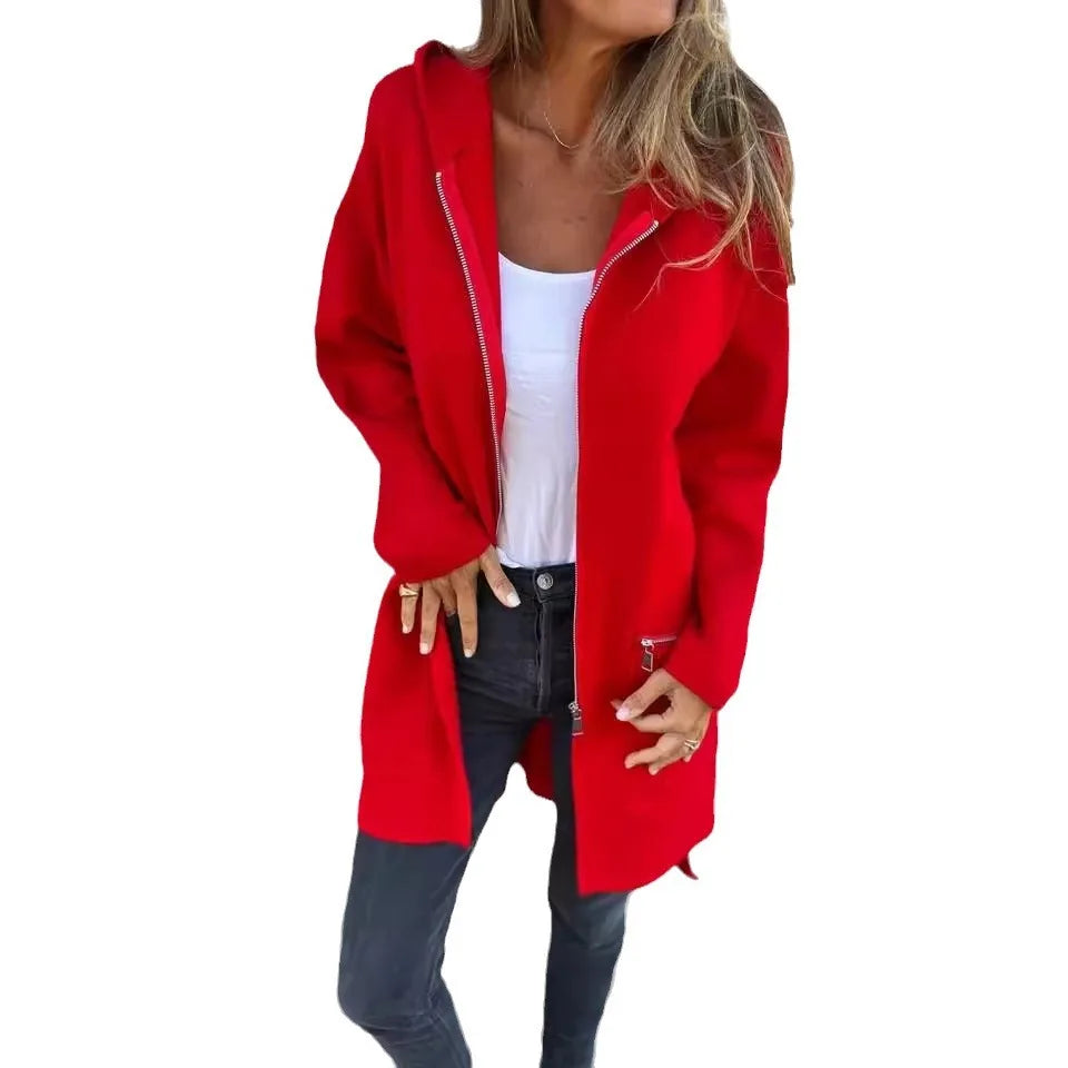Herbst Winter Casual Zipper Mit Kapuze Jacke Frauen Langarm Strickjacke Mantel frauen Windjacke Beiläufige Gerade Jacken Rote Mäntel.