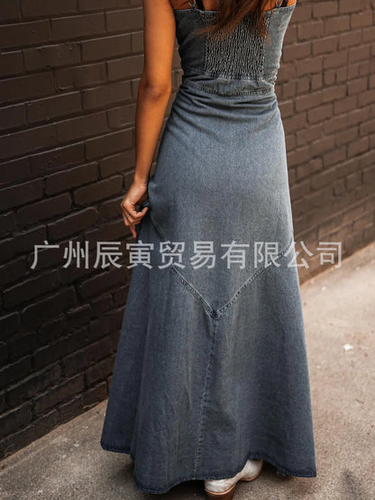 Europa und die Vereinigten Staaten Retro Wash Do Old Denim Neckholder Slim Single-Breasted Big Swing Kleid für Damen Sommer Vestidos.