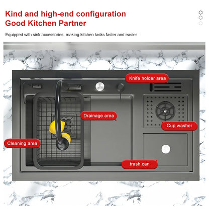 Stainless Steel Kitchen Sink Stepped Large Single Slot Wash Dish Vegetables Basin Multifunctional With Cup Washer Knife Holder
