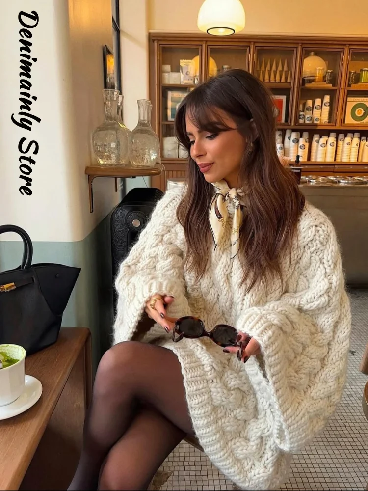 Casual Twists Stricken Oversize-Pullover Frauen Oansatz Lange Flare Hülse Lose Solide Pullover 2025, Herbst Winter Vintage Pullover.