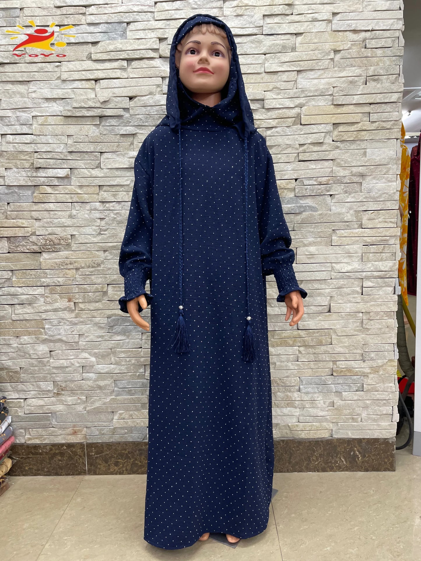 Kids Cotton Islamic Dress Full Cover Robe for Muslim Girls with Two-Hat Turkey Diamond Abaya New Eid Ramadan Prayer Garment.