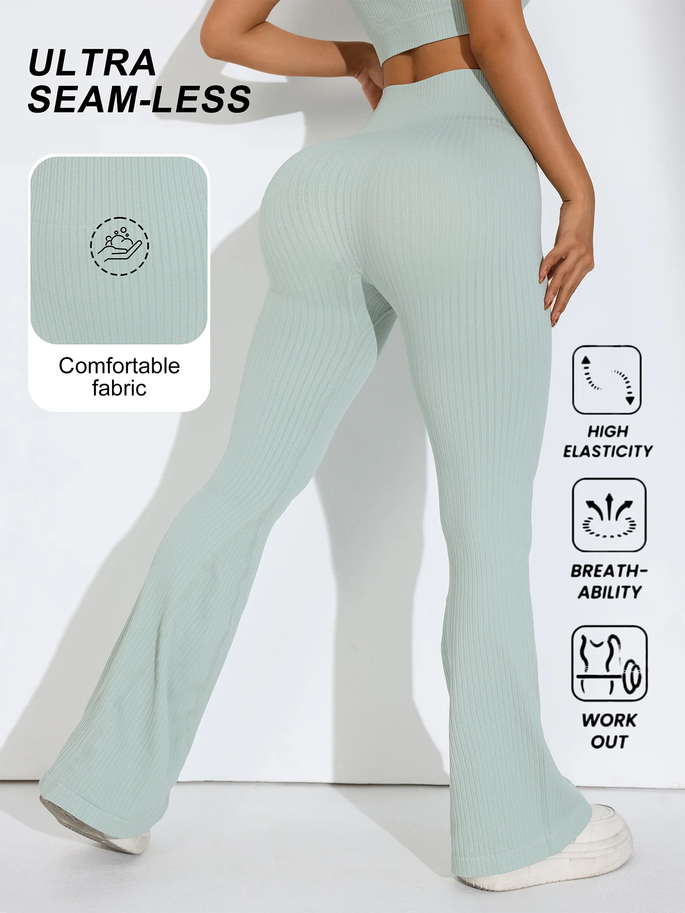 2 pcs/set Seamless Flare Pants Set Ribbed Tank Top Outfit Women's Clothing Breathable Flared Trousers Yoga-to-Street Athleisure.