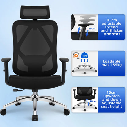 AUTHMIC Ergonomischer Bürostuhl, 3D-Lendenwirbelstütze, verstellbare Kopfstütze und Armlehnen, verstellbarer Schreibtischstuhl, 155 kg Tragkraft