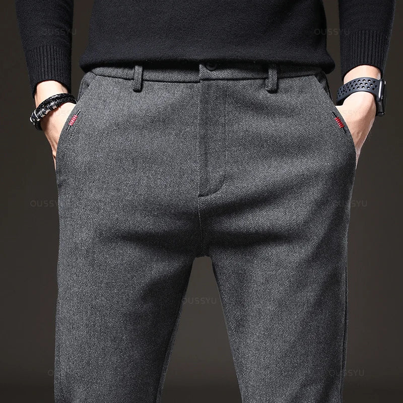 Autumn Winter Men's Brushed Fabric Casual Pants Business Fashion Slim Fit Stretch Thick Gray Blue Black Cotton Trousers Male