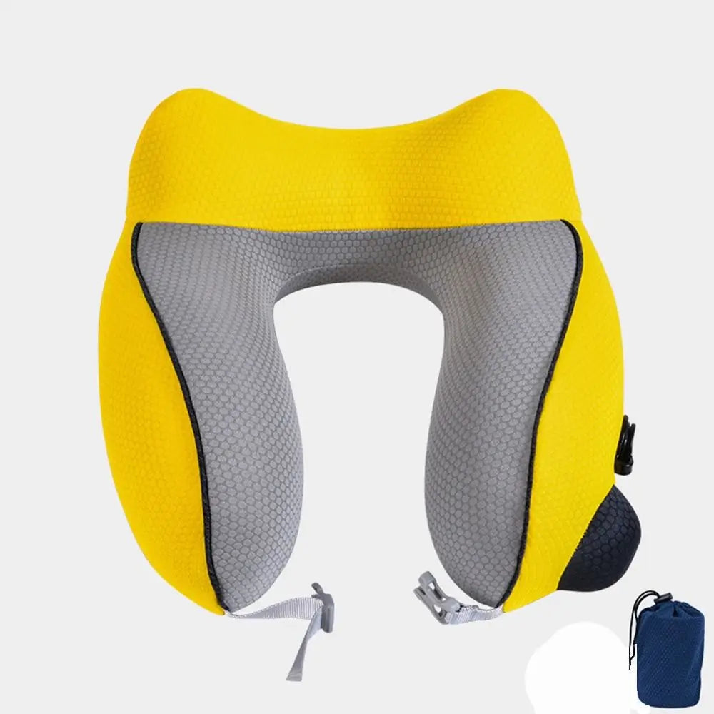 New U-shaped Travel Neck Pillow Elastic Fabric Foldable Inflatable Pillow Press Type Neck Support Cushion Airplane Pillow.