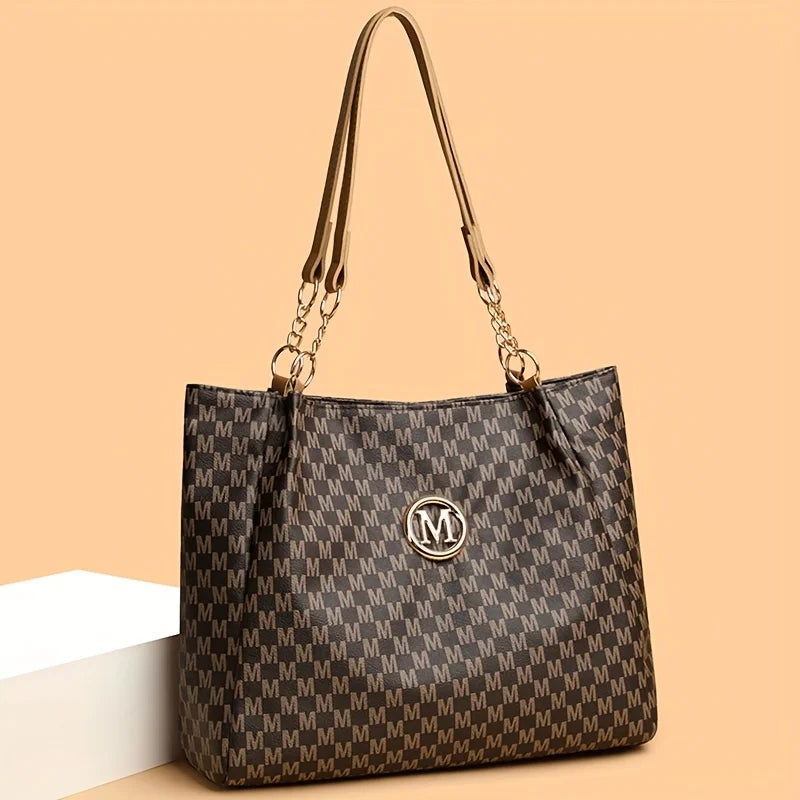 Vintage Geometric Tote Bag Synthetic Leather Letter "M" Design for Women Handbag Shoulder Bag Large Capacity Shopping Travel Bag.