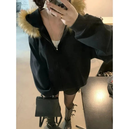 Korean Fashion Sweatshirts Harajuku Gothic Printed Coats Jackets Subculture Vintage Faux Fur Hooded Women Casual Y2k Clothing.