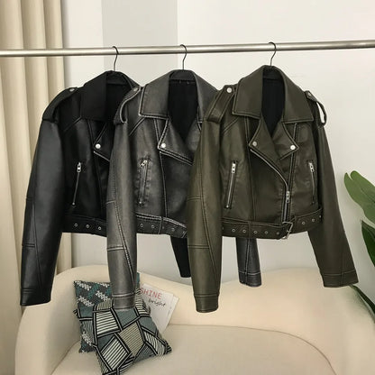 Neue Frühjahr Frau Faux Leder Jacke Chic Vintage Amerikanische straße tragen Kurze Revers Zipper Gürtel Biker Mäntel Mode Streetwear.
