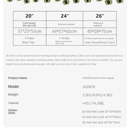 20"24 Zoll Reisekoffer mit breitem Griff, Aluminiumrahmen, Handgepäck, Trolley mit Rollen, Boardingbox, rollende Gepäcktasche.