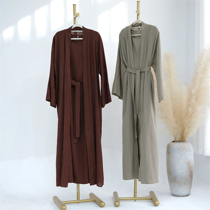 Eid Summer Cotton Linen Kimono Coat Dubai Open Abaya 2024 Muslim for Women Set Retro Kaftan Modest Dresses Islam Clothing Kebaya.