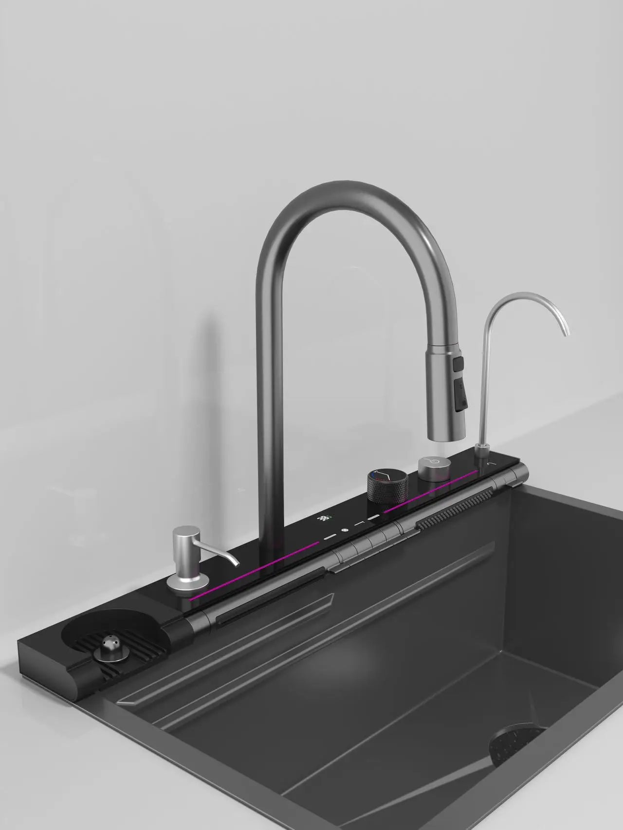 Stainless Steel Kitchen Waterfall Sink Embossed Digital Display Large Single Slot All-in-one Faucet Multi-functional Wash Bain