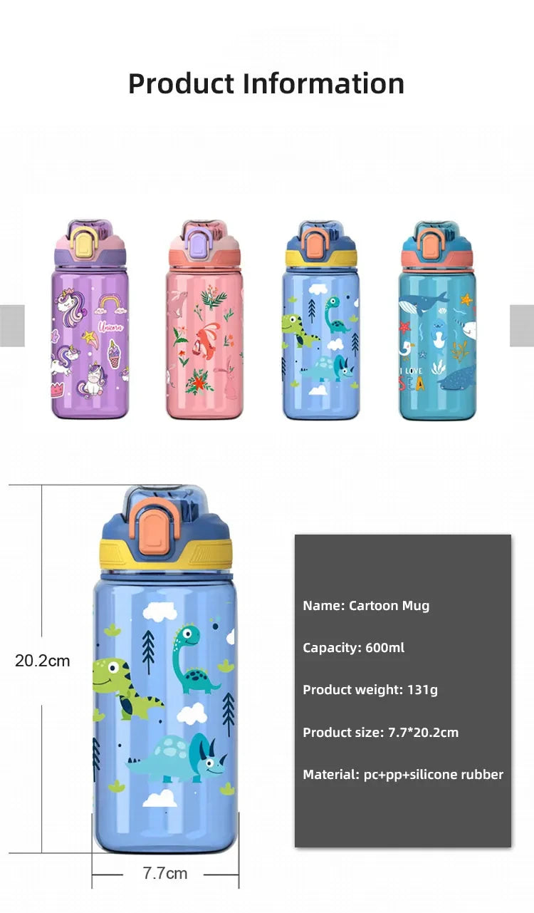 600ml Dinosaur Water Bottle For Kids Water Sippy Cup With Silicone Straw Leakproof Plastic Water Bottles Summer Kids Water Cup.