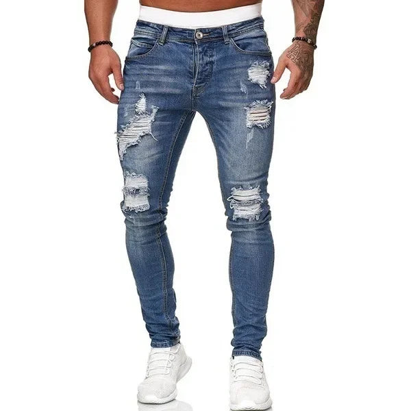 Zerrissene mittlere Taille Slim Fit Herren Jeans Vintage Denim Punk Wash Solid Punk Style Skinny Bleistifthose Distressed Holes Knöchellänge.
