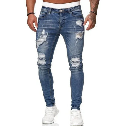 Zerrissene mittlere Taille Slim Fit Herren Jeans Vintage Denim Punk Wash Solid Punk Style Skinny Bleistifthose Distressed Holes Knöchellänge.