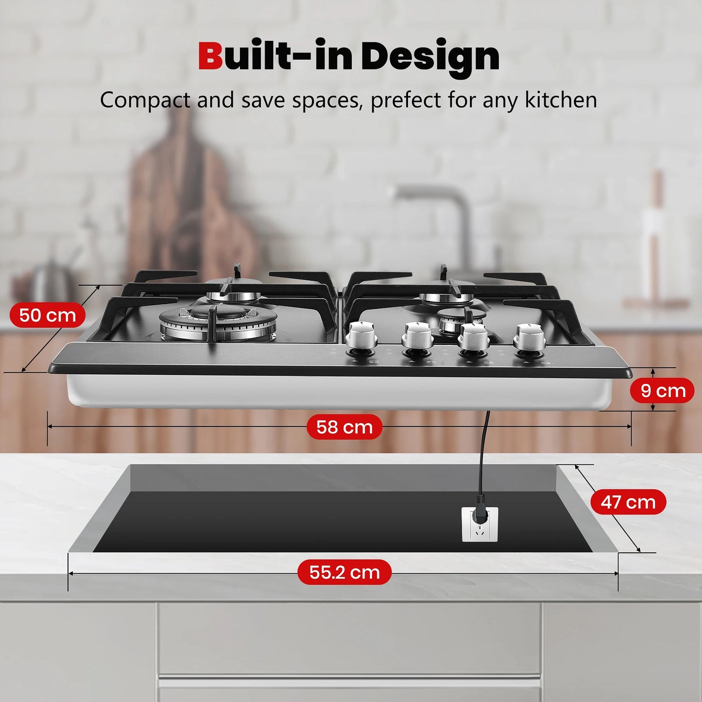 4 Burners Black Enamelled Plate 58 cm Automatic Flame Protection, Natural Gas and Propane Gas, Built-in Gas Hob.