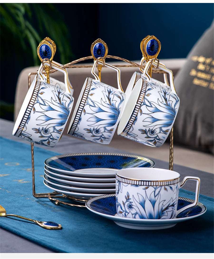 Elegant Cup and Saucer Set Bone China Sugar Jar Milk Jug Coffee Pot Set Cyan Magnolia Home English Mug Teaset Dessert Plate.