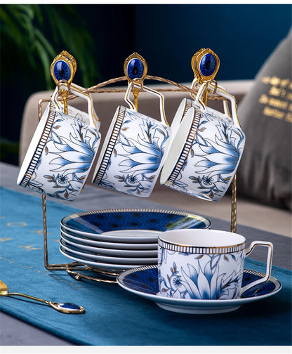 Elegant Cup and Saucer Set Bone China Sugar Jar Milk Jug Coffee Pot Set Cyan Magnolia Home English Mug Teaset Dessert Plate.