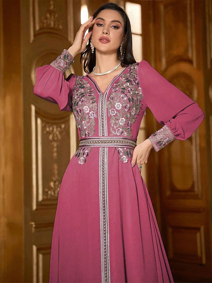 Eid Frauen Kleid Abaya Kaftan Muslimischen V-ausschnitt Stickerei Party Robe Jalabiya Ramadan Marokko Dubai Kaftan 2025, Vestidos Largos.