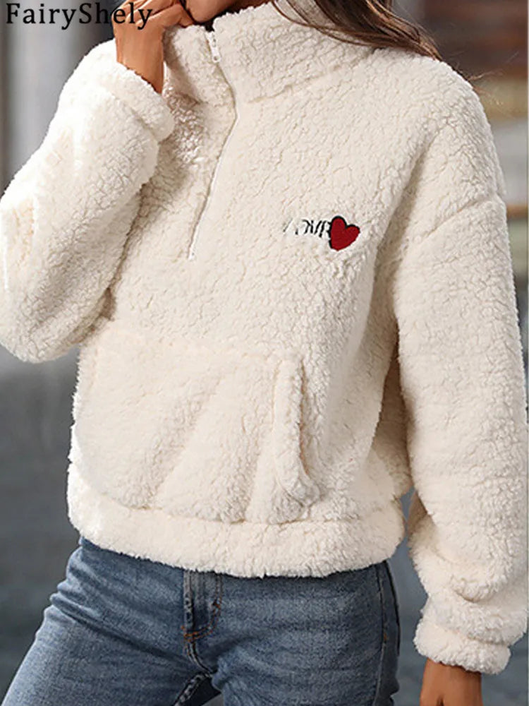 Fairyshely 2025 Autumn Winter White Women's Hoodies Long Sleeve Zipper Hood Sweatshirt Casual Lady Loose Plush Hoodie Tops.