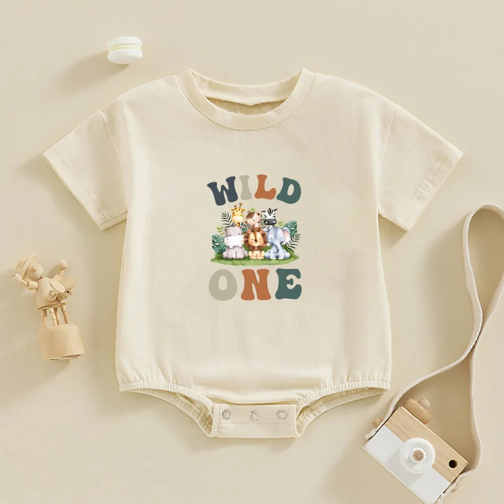 Wild One First Birthday Baby Bubble Strampler Safari Zoo Tier 1. Geburtstag Übergroßes T-Shirt Strampler Unisex Natürliches Kleinkind-T-Shirt.