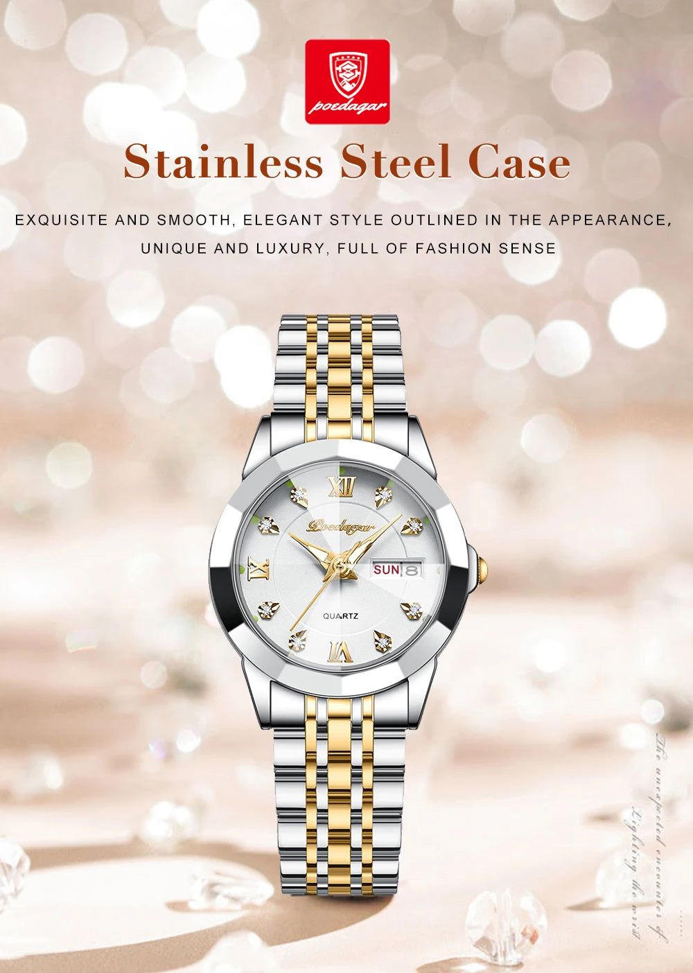 POEDAGAR Top Luxury Woman's Quartz Watch Waterproof Luminous Date Week Ladies Casual Watch Stainless Steel Elegant Women Watches.