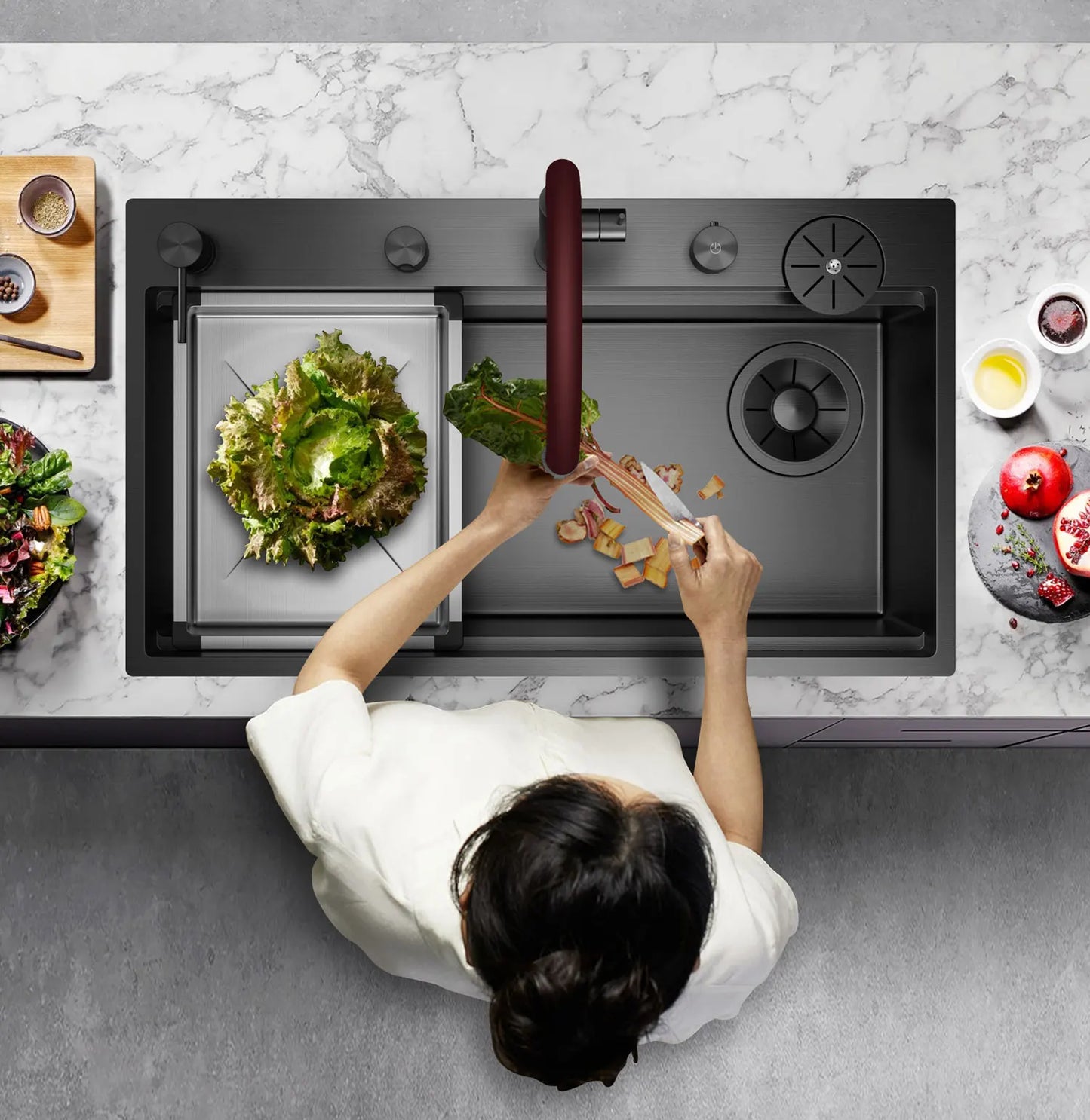 ASRAS large kitchen stainless steel nano sink with built-in waterfall faucet and large drainage outlet design