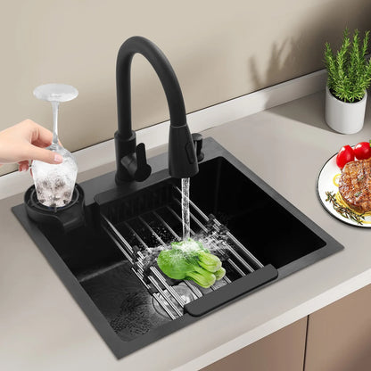 Multifunktionales Küchenspüle mit ausziehbarem Wasserhahn, Tassenspüler, Seifenspender, Abflusskorb, Anti-Überlauf, 201 Edelstahl