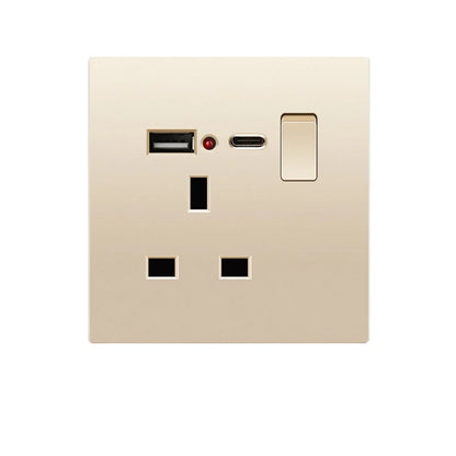 UK Standard 13A Gold USB Stecker Wandsteckdose Lichtschalter, 220V Universal 6-Loch-Doppelsteckdose mit 2,1A USB-Ladeanschluss