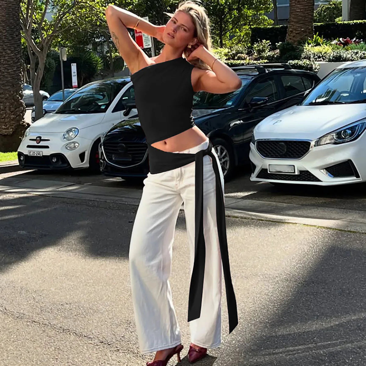 Cryptographic One Shoulder Solid Lace Up Tops Summer Y2K Outfits Sexy Backless Sleeveless Crop Tank Coquette Streetwear Clothes