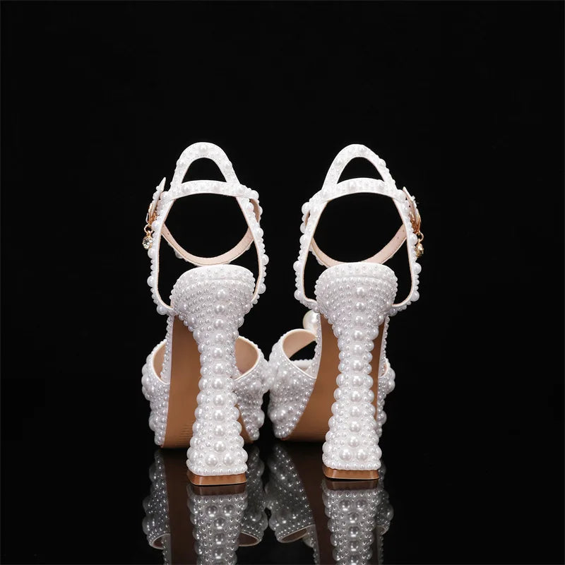 Summer Beaded Thick Heeled Women Gladiator Sandals Luxury Pearls Platform Wedges 14cm High heels Fashion Wedding Banquet Shoes.