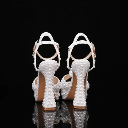 Summer Beaded Thick Heeled Women Gladiator Sandals Luxury Pearls Platform Wedges 14cm High heels Fashion Wedding Banquet Shoes.