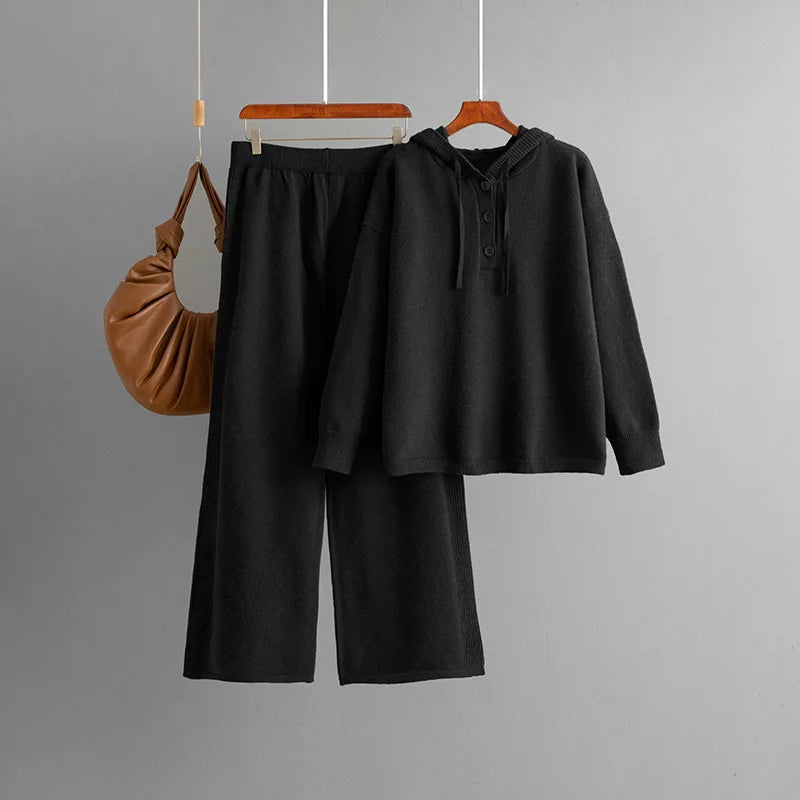 Autumn Winter 2025 New Fashion Women's Solid Color Casual Trendy Loose Knitted 2 Piece Sets Hooded Sweatshirts Wide Leg Trousers