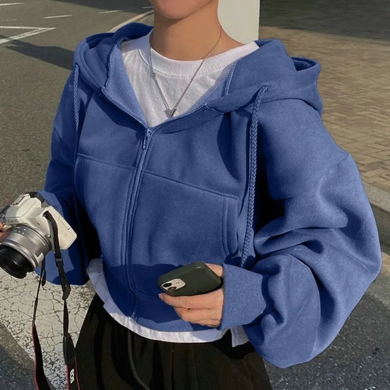 2024 Frühling Herbst Neues, mit Fleece gefüttertes, vielseitiges, abgeschnittenes Slims glättet Silhouette mit Reißverschluss, warmes, marineblaues Kapuzen-Sweatshirt für Damen.