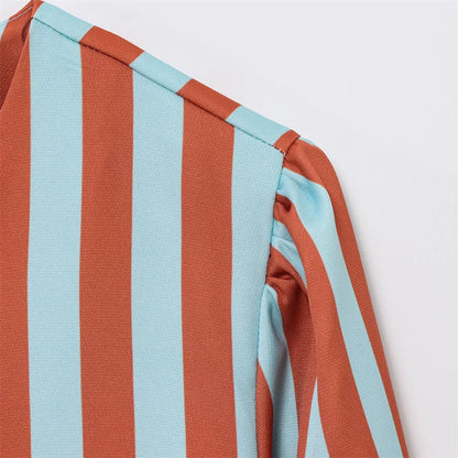 women's fashionable and versatile round neck long sleeved striped bubble sleeve temperament summer new top.