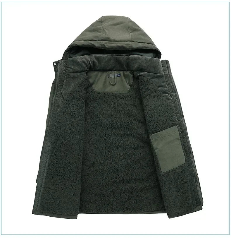 Men's Jacket WINTER USA SIZE Large SIZE Lamb Fleece JACKETS Hooded Cotton Thickened Multi Pocket Casual Mid length Coat.