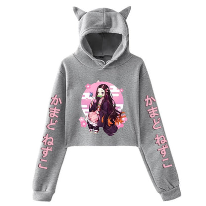 New Anime Kamado Nezuko Printing Cat Ear Hoodies Women Girls Fashion Streetwear Hoodies Sweatshirts Crop Top Pullover.