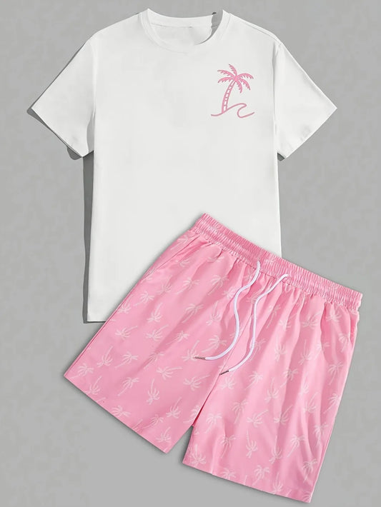 Hot selling men's summer coconut tree print comfortable and breathable round neck T-shirt shorts set outdoor vacation suit.