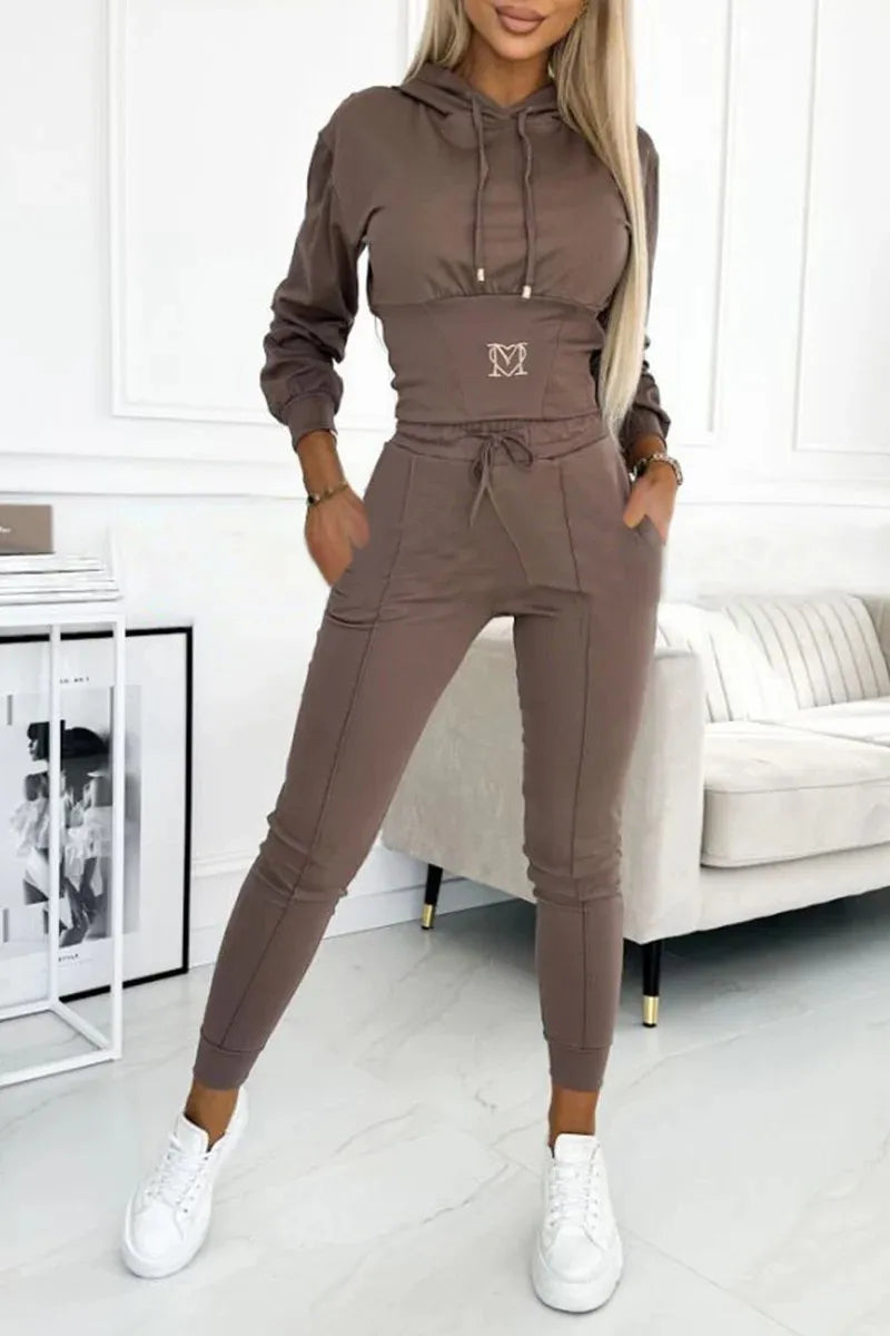 Casual Solid Color Hooded Slim Long-sleeved Top And Wide-sleeved Pants Suit Women 2025 Spring Top Lace-up Pants Suit For Women.