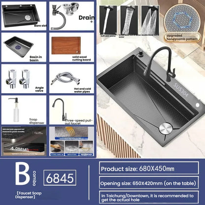 Gray Large Single Slot Stainless Steel Kitchen Sink Multifunctional Wash Dish Basin Nano Honeycomb Embossed Undermount Basin