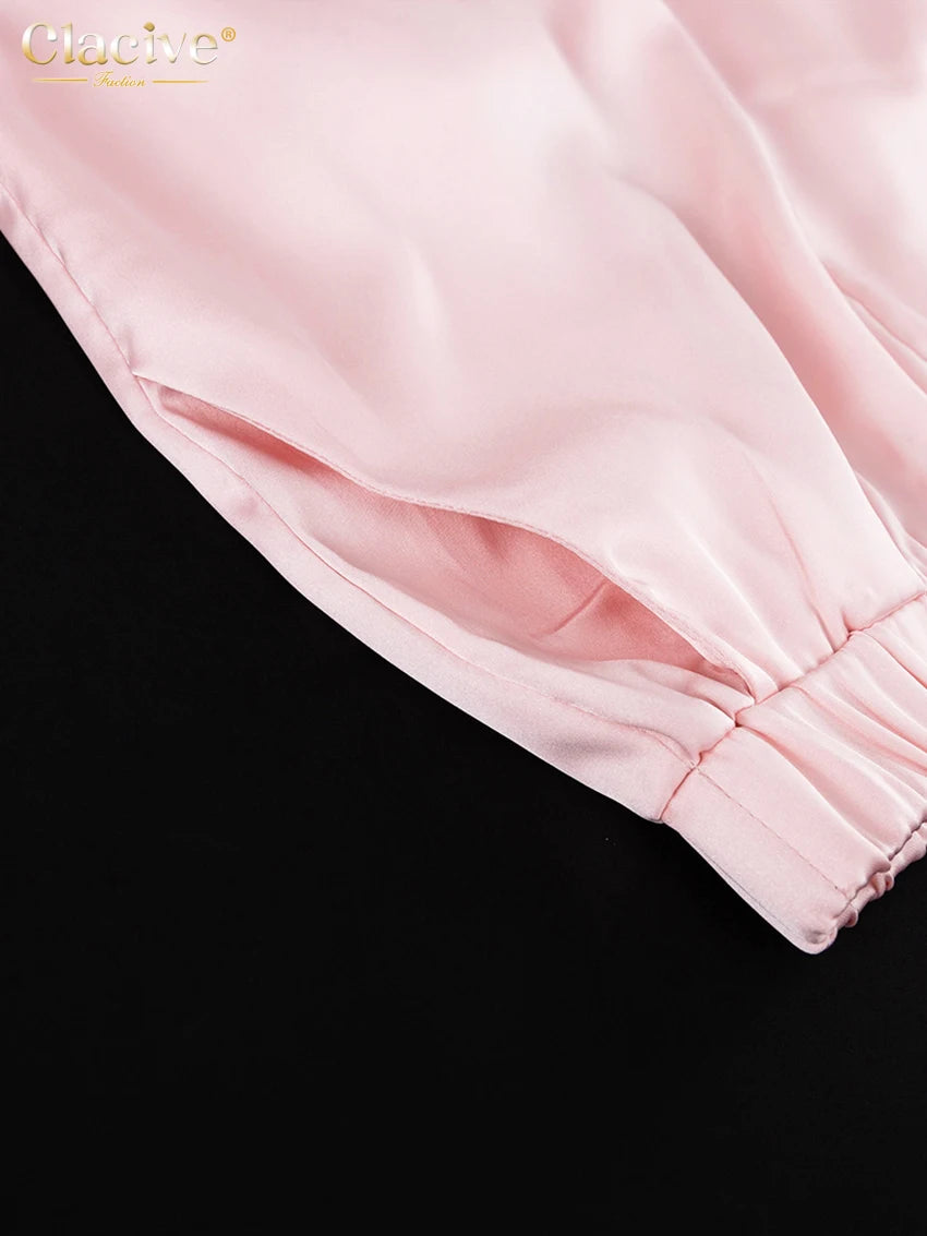 Clacive Fashion Loose Pink Satin Pants Sets For Women 2 Pieces Elegant Long Sleeve Shirt With High Waist Wide Trousers Suits.
