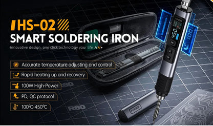 FNIRSI HS 02 Smart Soldering Iron Automatic Sleep 100-450℃ Temperature Rapid Heating PCB Soldering Station Portable Toolbox Kit.