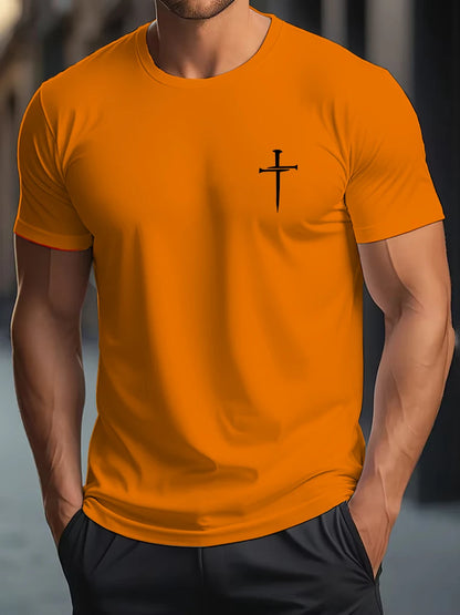 Men's Summer 100% Cotton Fashionable Casual Loose Large Size Faith Cross Printed Round Neck Short Sleeve T-shirt Top.