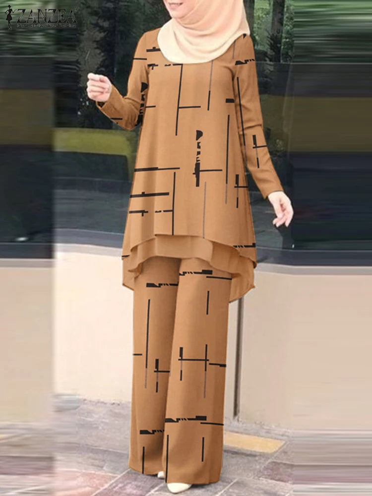 ZANZEA Muslim Women Pant Sets Islamic All-over Printed Long Top and Wide Leg Pant 2pcs Outfits Vintage Elegant 2-Pieces Suits.