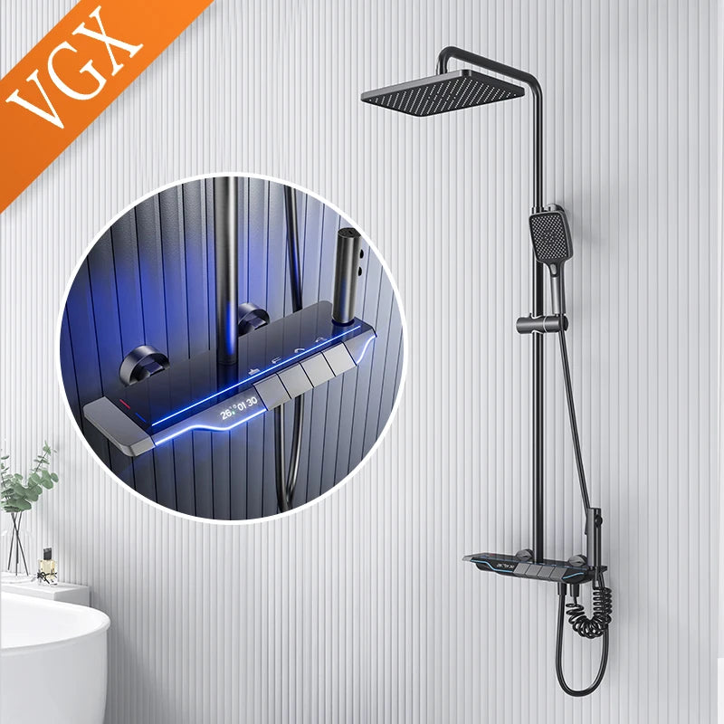 VGX Thermostatic Shower System Set Smart Digital Bathroom Shower Faucet Set Temperature Display Rainlfall Bathroom Shower Set