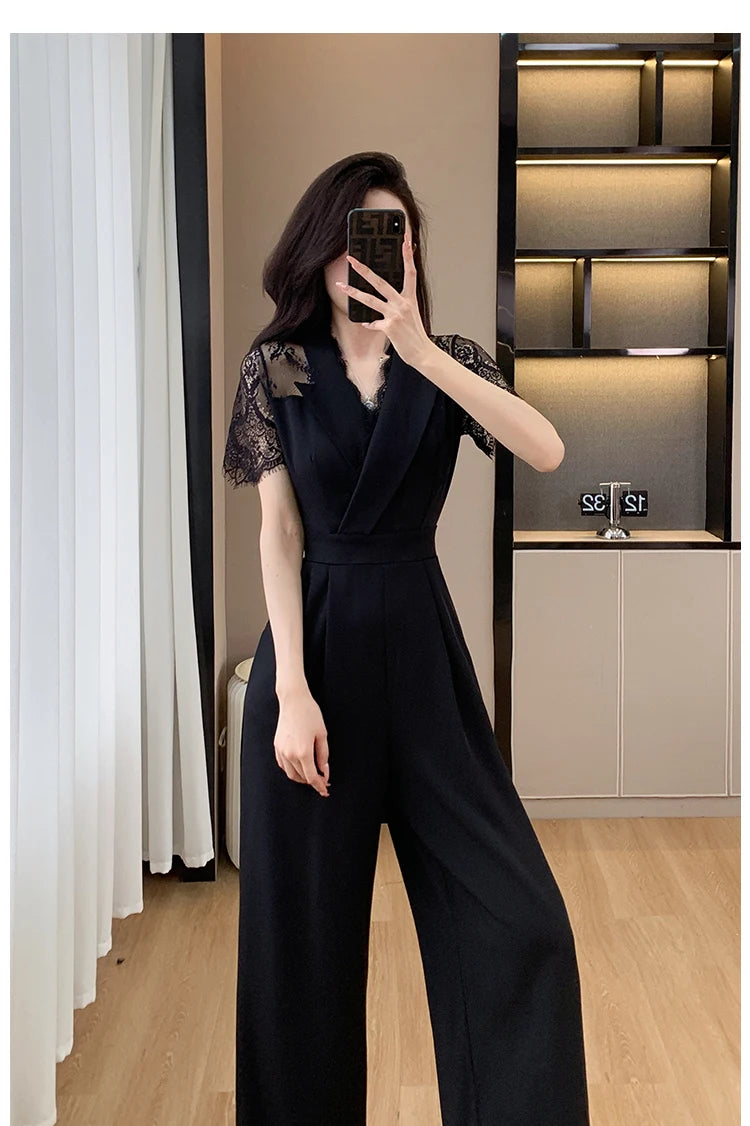 V-neck Solid Office Jumpsuit Women Elegant High Waist Wide Leg Pants Overall 2025 Fashion Slim Hollow Solid Color Romper.